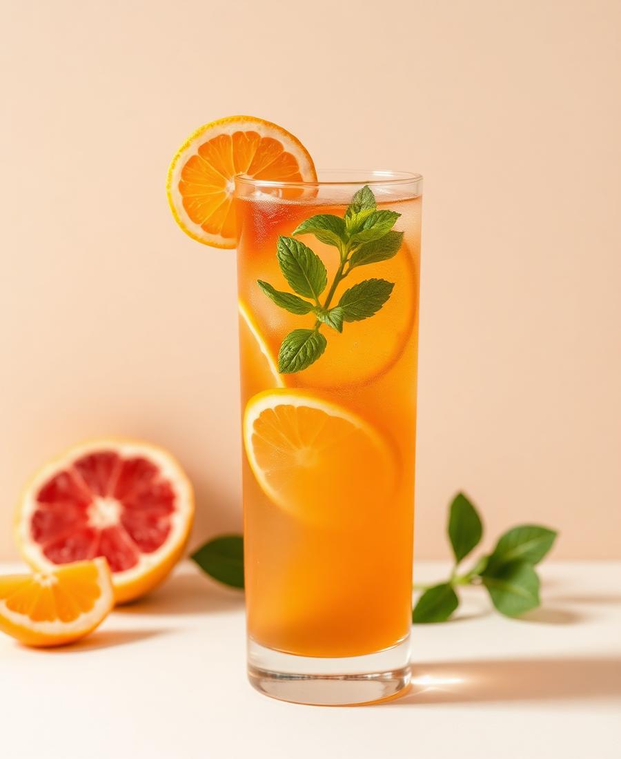 Iced citrus fruit tea garnished with mint and orange slices