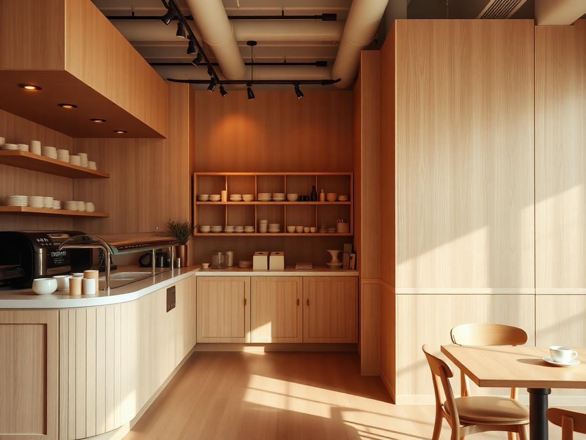 The warm, minimal interior of Zhen Pin Café inside Mott Street Eatery