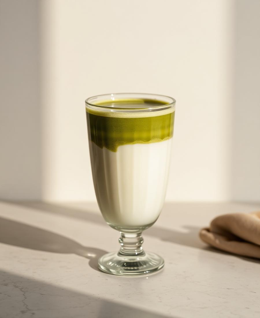 Layered matcha latte in a footed glass