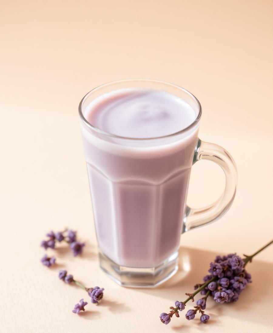 Taro milk tea with soft purple gradient in a glass mug