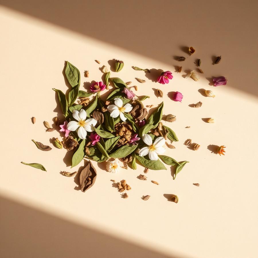 Loose leaf jasmine tea and dried blossoms on cream paper